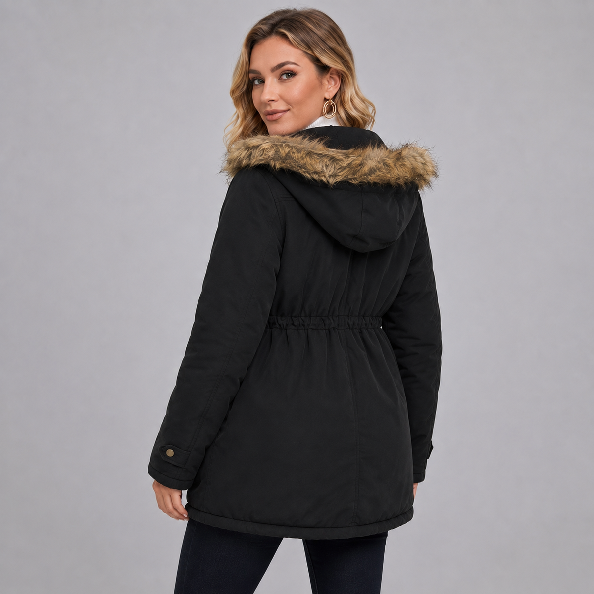 Damen Parka mit Kunstfellkapuze und Taillenzug – Gefütterte Winterjacke in Halblang