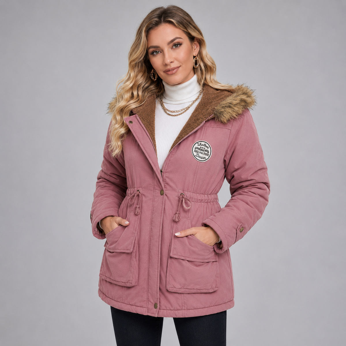 Damen Parka mit Kunstfellkapuze und Taillenzug – Gefütterte Winterjacke in Halblang