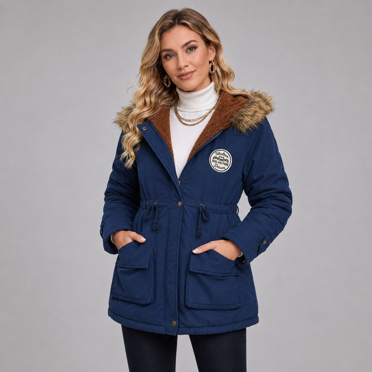 Damen Parka mit Kunstfellkapuze und Taillenzug – Gefütterte Winterjacke in Halblang