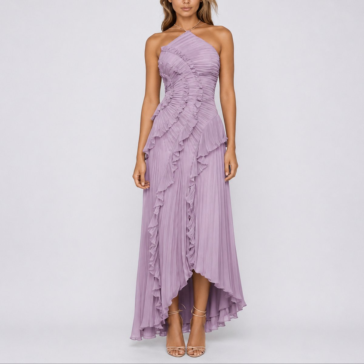 Damen Plissee-Rüschen Neckholder-Maxi-Hochzeitskleid für Hochzeitsgäste im Herbst