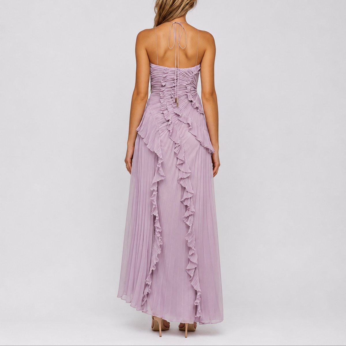 Damen Plissee-Rüschen Neckholder-Maxi-Hochzeitskleid für Hochzeitsgäste im Herbst