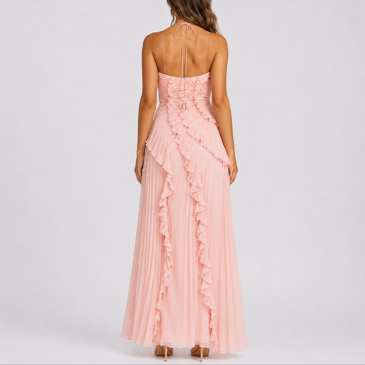 Damen Plissee-Rüschen Neckholder-Maxi-Hochzeitskleid für Hochzeitsgäste im Herbst
