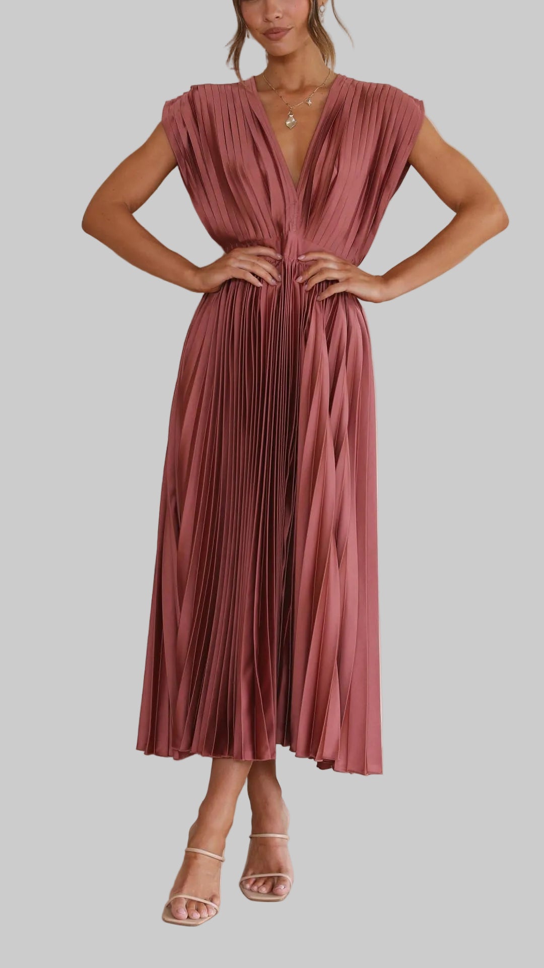 Damen Plissee Maxikleid Hochzeitskleid für Hochzeitsgäste mit V-Ausschnitt