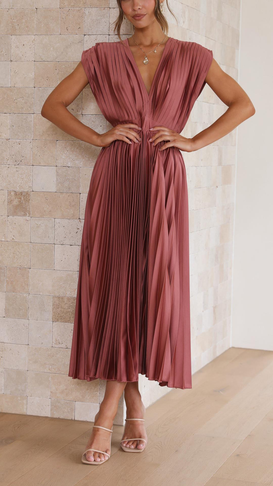 Damen Plissee Maxikleid Hochzeitskleid für Hochzeitsgäste mit V-Ausschnitt