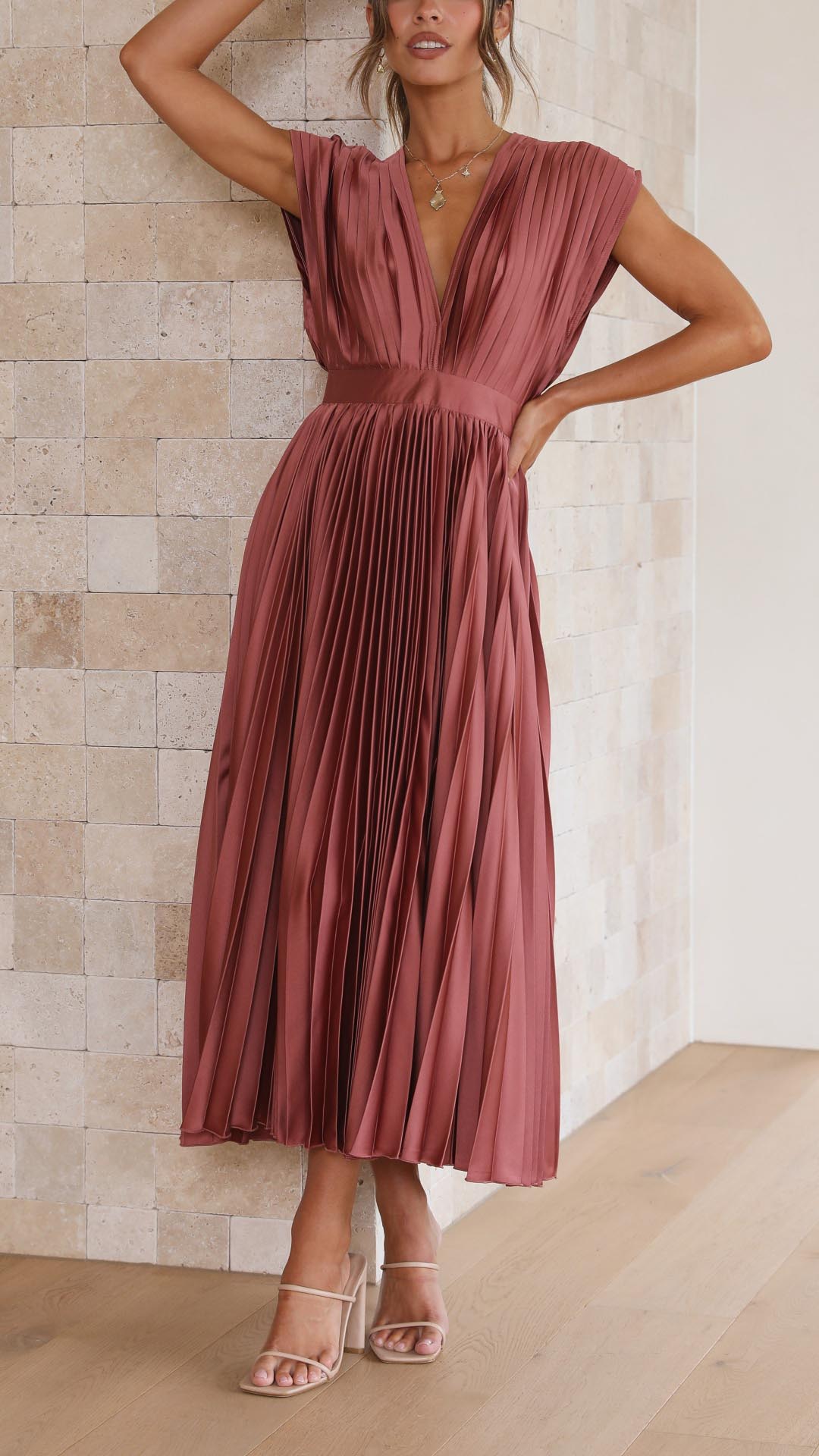 Damen Plissee Maxikleid Hochzeitskleid für Hochzeitsgäste mit V-Ausschnitt