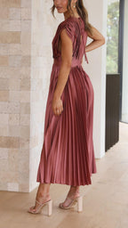 Damen Plissee Maxikleid Hochzeitskleid für Hochzeitsgäste mit V-Ausschnitt