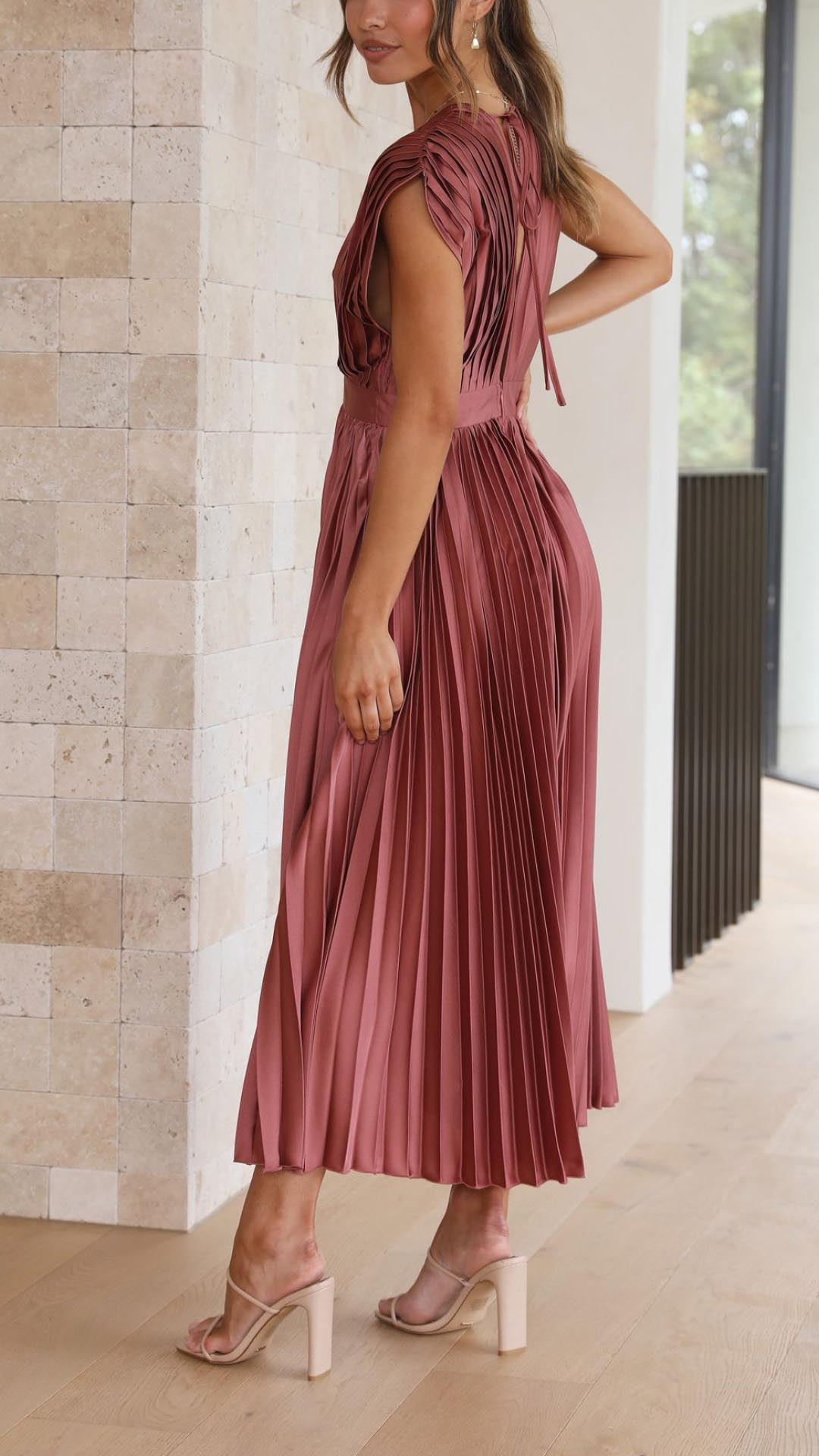 Damen Plissee Maxikleid Hochzeitskleid für Hochzeitsgäste mit V-Ausschnitt