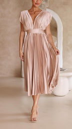 Damen Plissee Maxikleid Hochzeitskleid für Hochzeitsgäste mit V-Ausschnitt