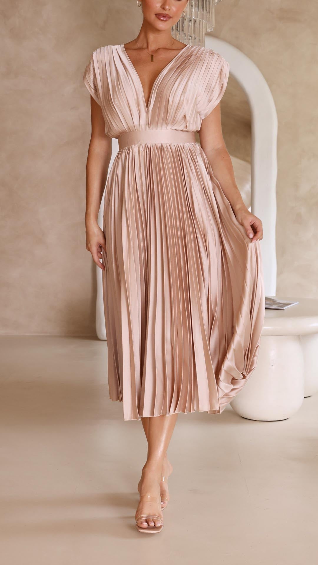 Damen Plissee Maxikleid Hochzeitskleid für Hochzeitsgäste mit V-Ausschnitt