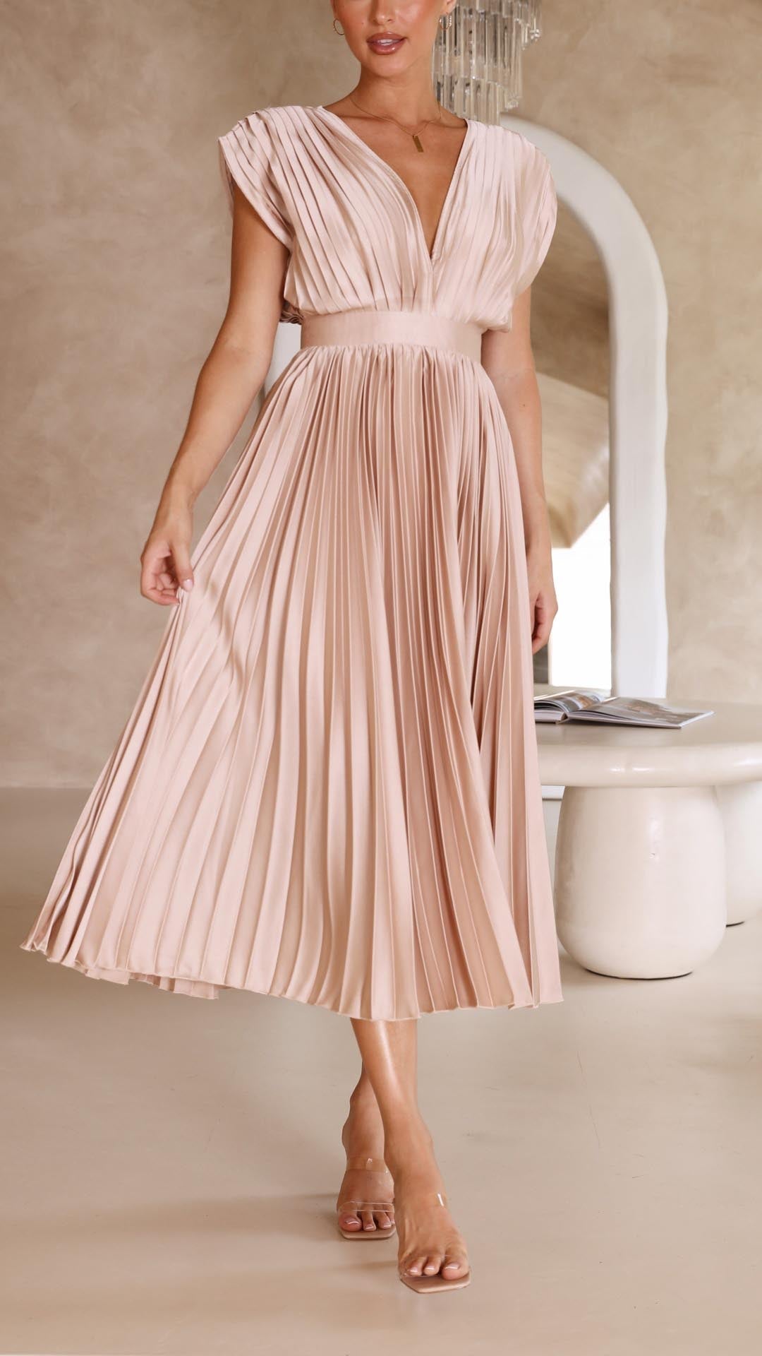 Damen Plissee Maxikleid Hochzeitskleid für Hochzeitsgäste mit V-Ausschnitt