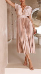 Damen Plissee Maxikleid Hochzeitskleid für Hochzeitsgäste mit V-Ausschnitt