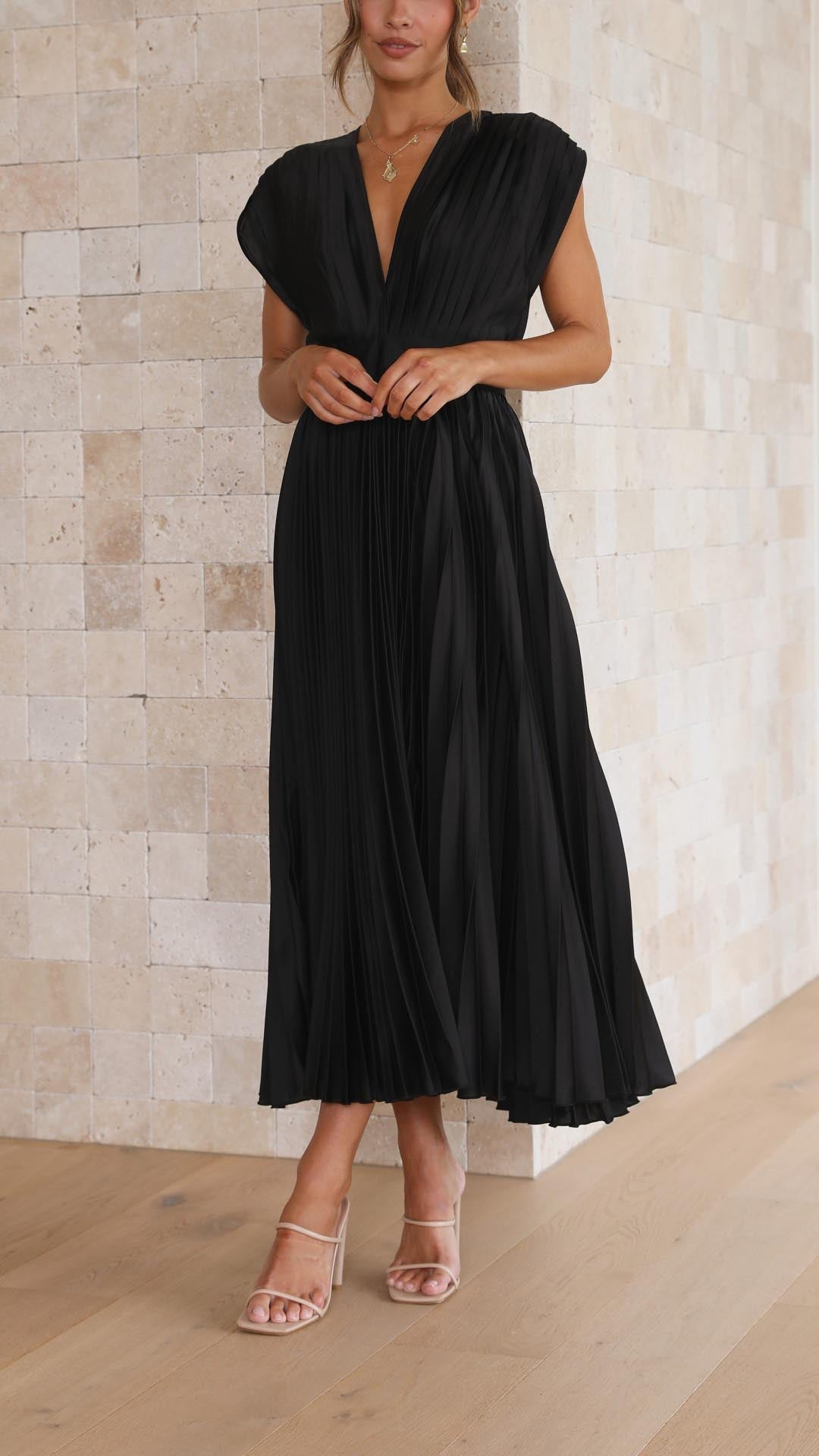 Damen Plissee Maxikleid Hochzeitskleid für Hochzeitsgäste mit V-Ausschnitt