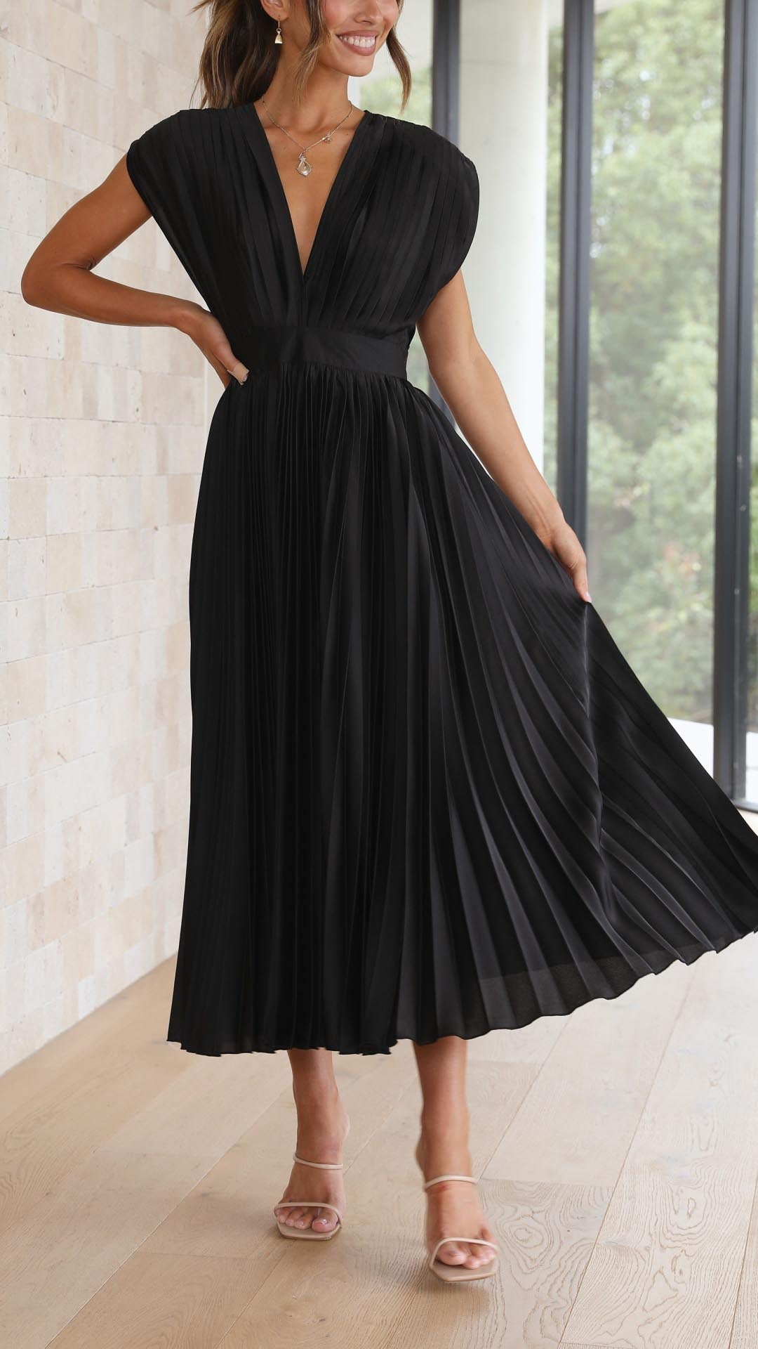 Damen Plissee Maxikleid Hochzeitskleid für Hochzeitsgäste mit V-Ausschnitt