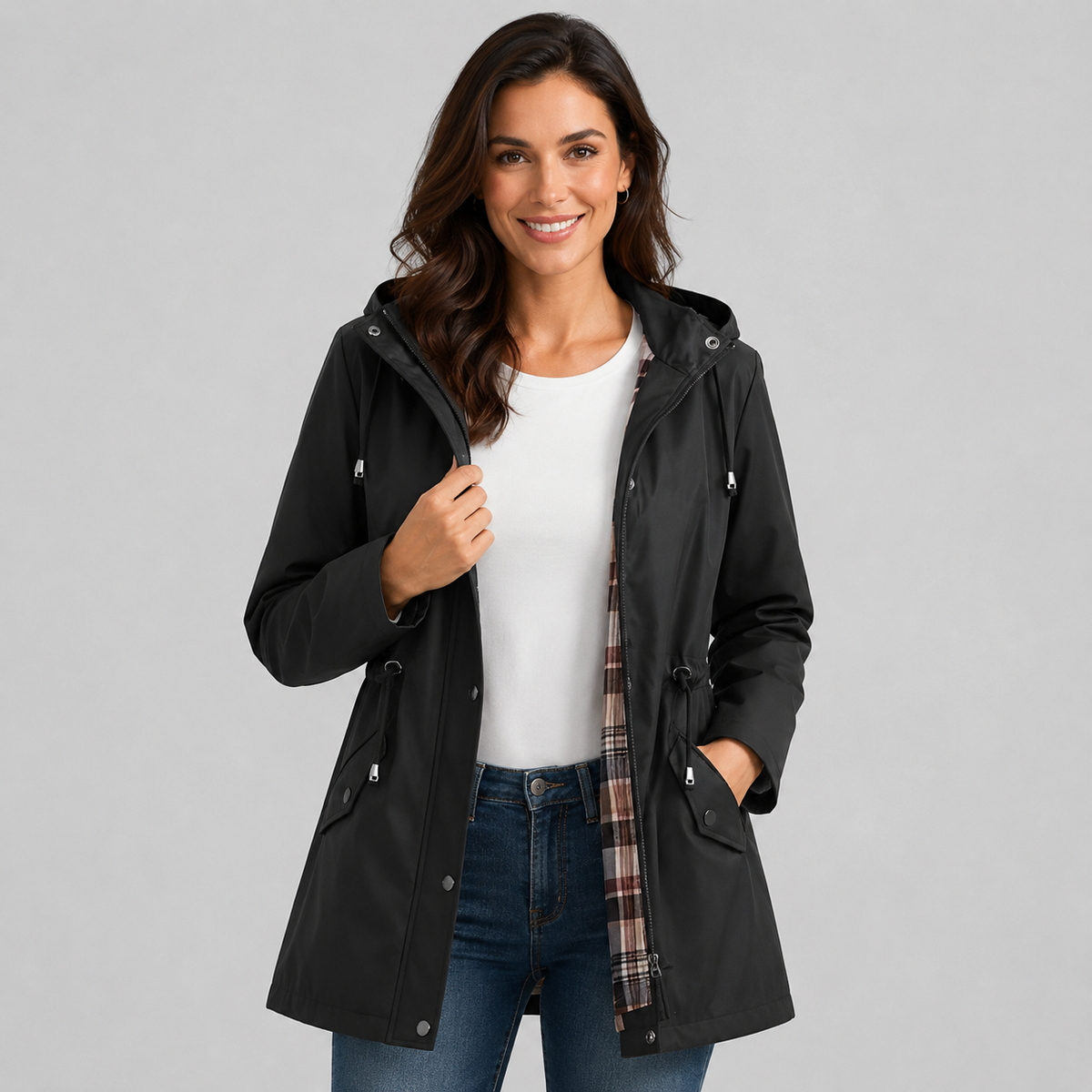 Damen Regenjacke mit Kapuze und karierter Innenfütterung – Leichte Übergangsjacke mit Taillenzug, Herbst