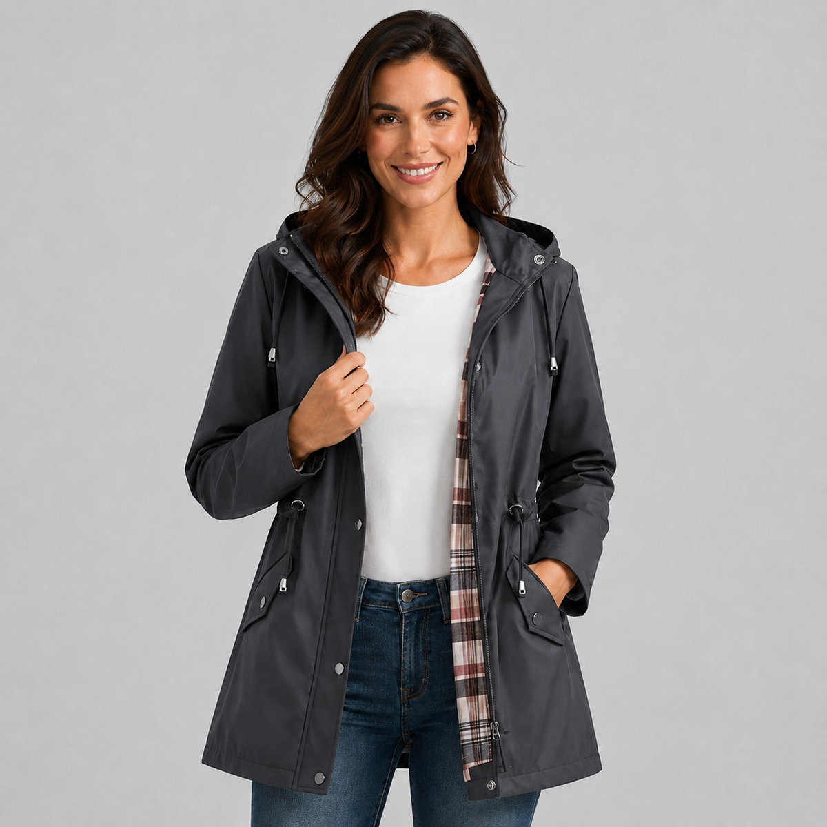 Damen Regenjacke mit Kapuze und karierter Innenfütterung – Leichte Übergangsjacke mit Taillenzug, Herbst