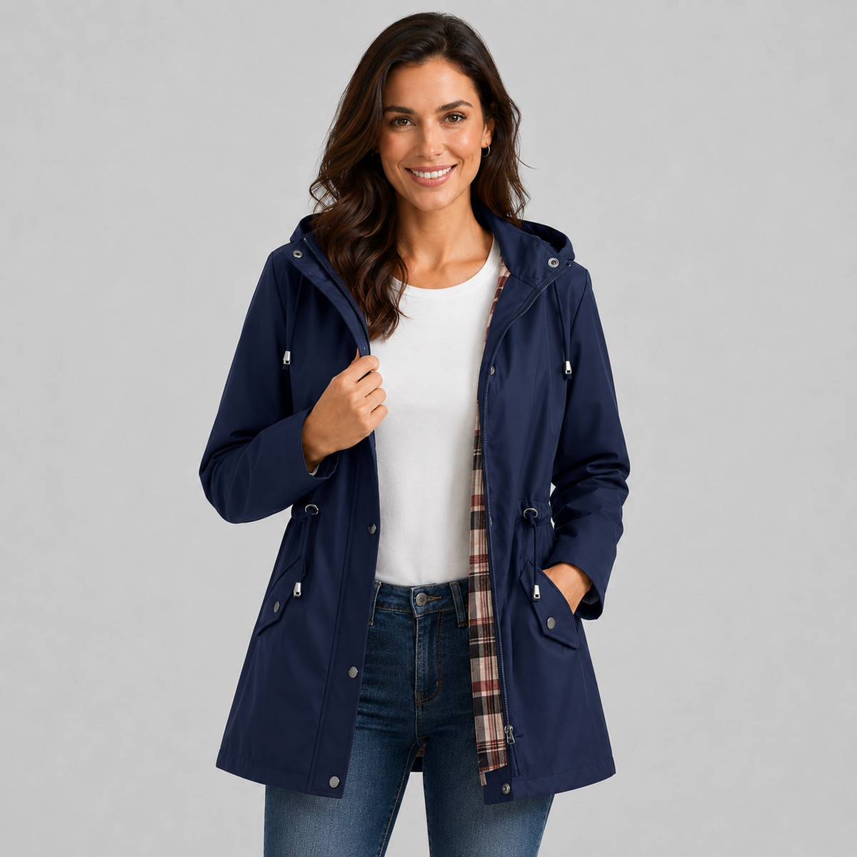 Damen Regenjacke mit Kapuze und karierter Innenfütterung – Leichte Übergangsjacke mit Taillenzug, Herbst