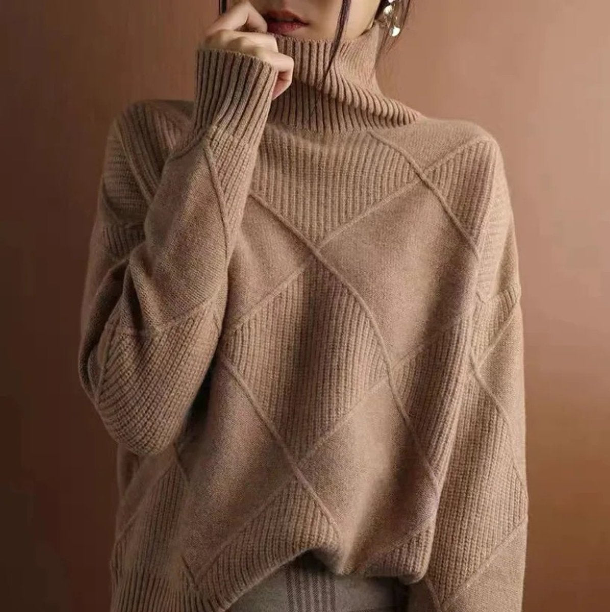 Damen Rollkragen-Strickpullover mit Rautenmuster