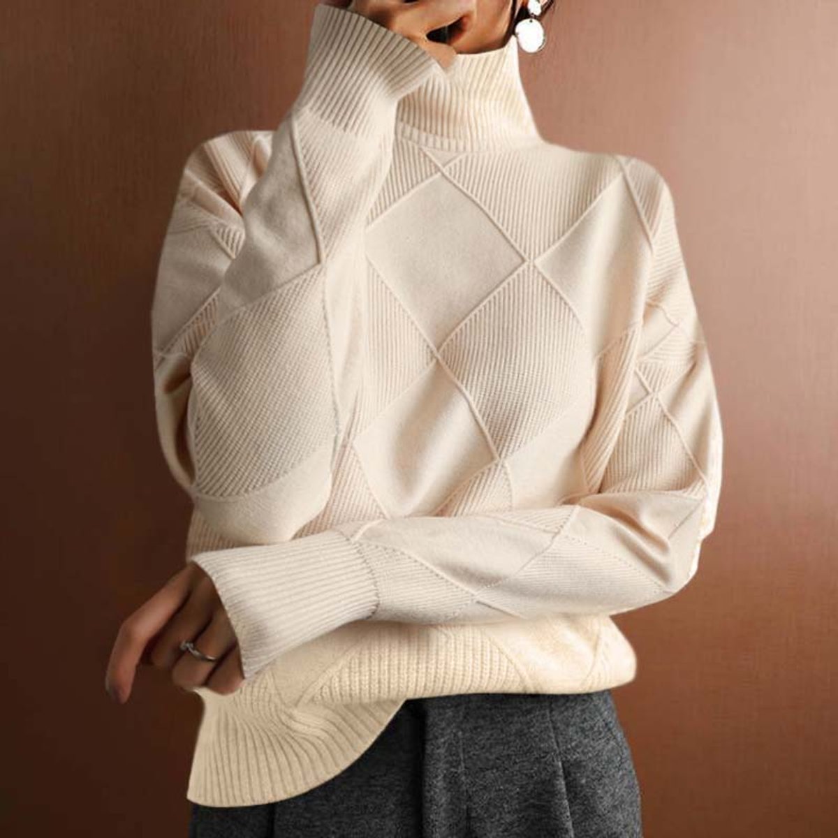 Damen Rollkragen-Strickpullover mit Rautenmuster