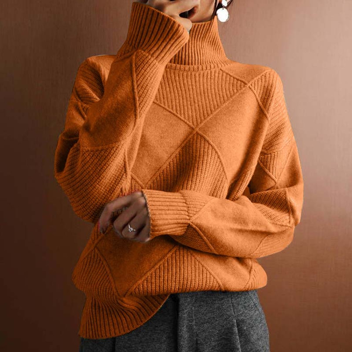 Damen Rollkragen-Strickpullover mit Rautenmuster
