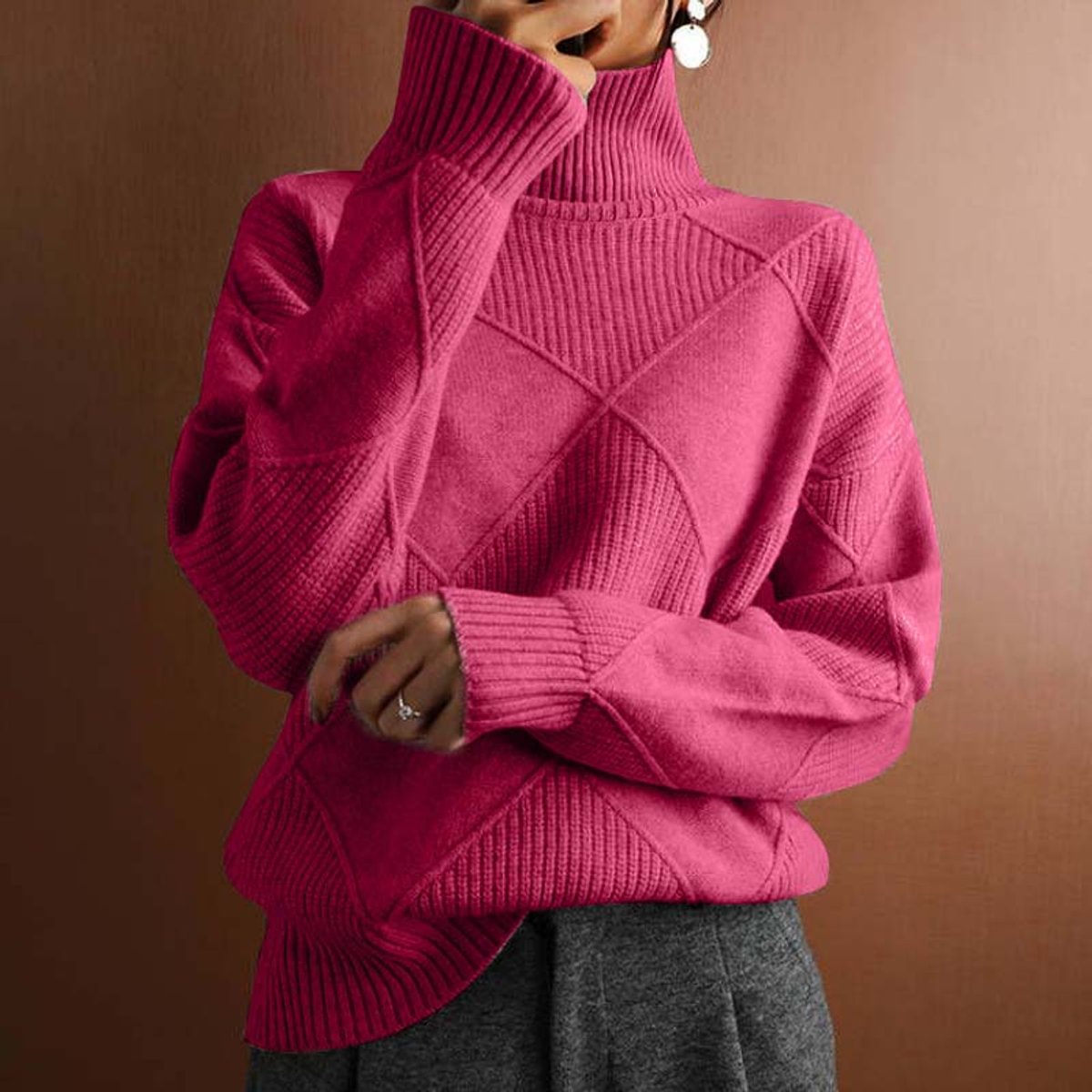 Damen Rollkragen-Strickpullover mit Rautenmuster