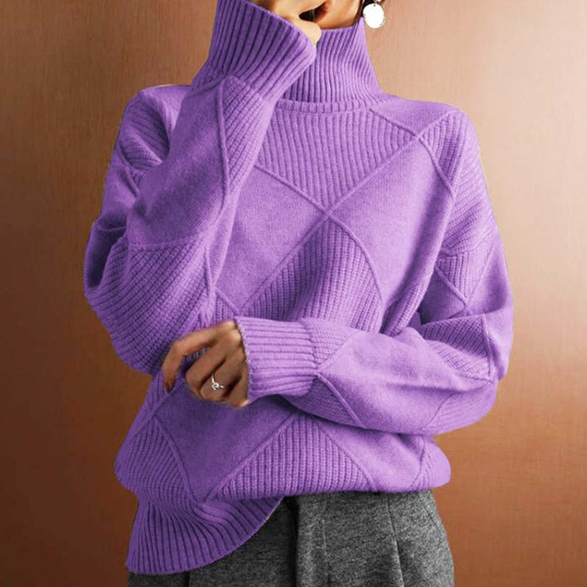 Damen Rollkragen-Strickpullover mit Rautenmuster
