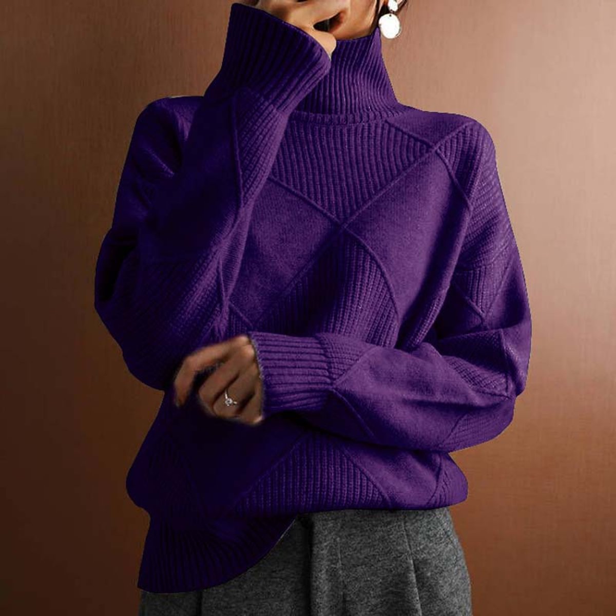 Damen Rollkragen-Strickpullover mit Rautenmuster