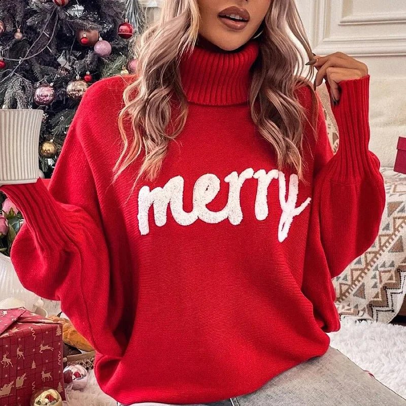 Damen Rollkragenpullover mit Merry-Schriftzug – Weihnachtspullover Strick, Winter, Lockere Passform