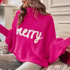 Damen Rollkragenpullover mit Merry-Schriftzug – Weihnachtspullover Strick, Winter, Lockere Passform