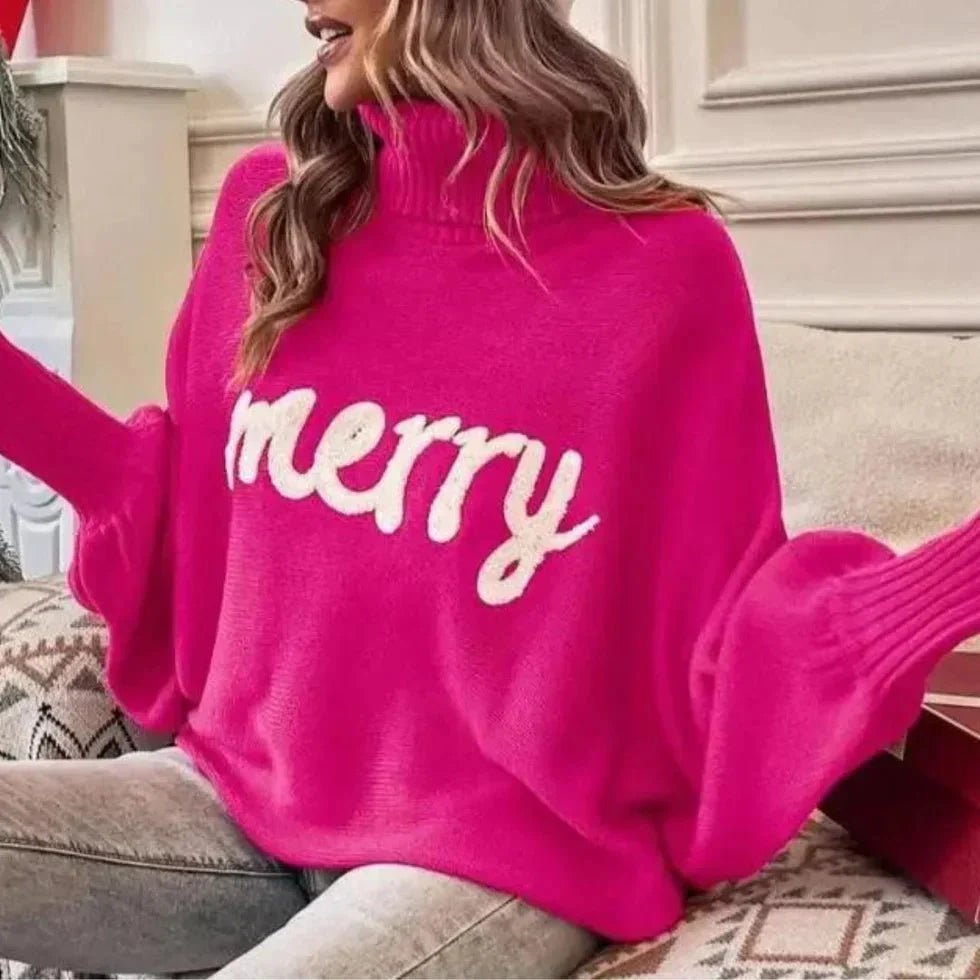 Damen Rollkragenpullover mit Merry-Schriftzug – Weihnachtspullover Strick, Winter, Lockere Passform