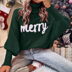 Damen Rollkragenpullover mit Merry-Schriftzug – Weihnachtspullover Strick, Winter, Lockere Passform