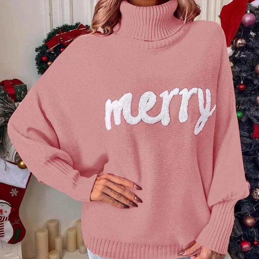 Damen Rollkragenpullover mit Merry-Schriftzug – Weihnachtspullover Strick, Winter, Lockere Passform