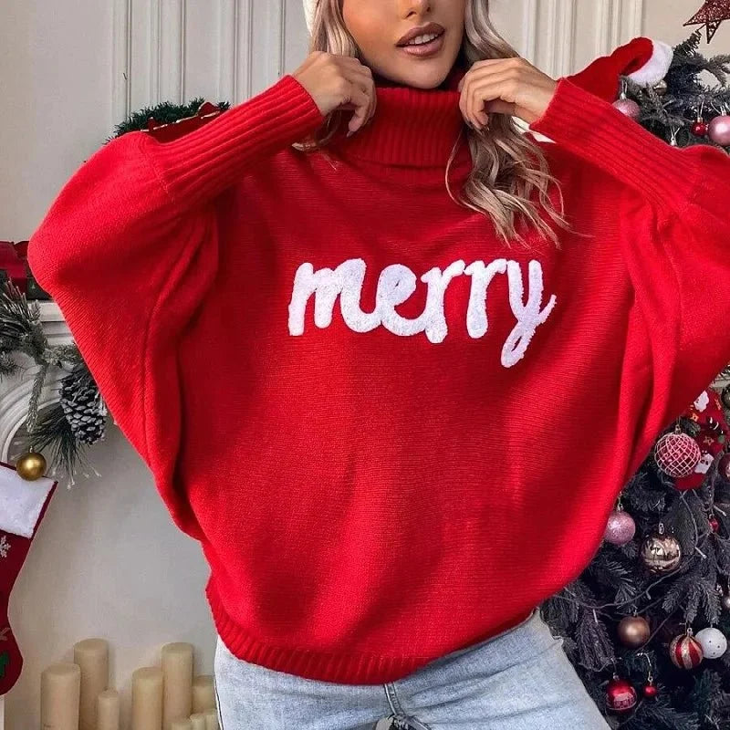 Damen Rollkragenpullover mit Merry-Schriftzug – Weihnachtspullover Strick, Winter, Lockere Passform