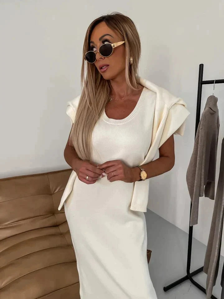 Damen Set aus Rollkragenpullover und Kleid aus weichem Strick