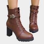 Damen Schnür-Ankle-Boots mit Blockabsatz, Schnalle und Reißverschluss
