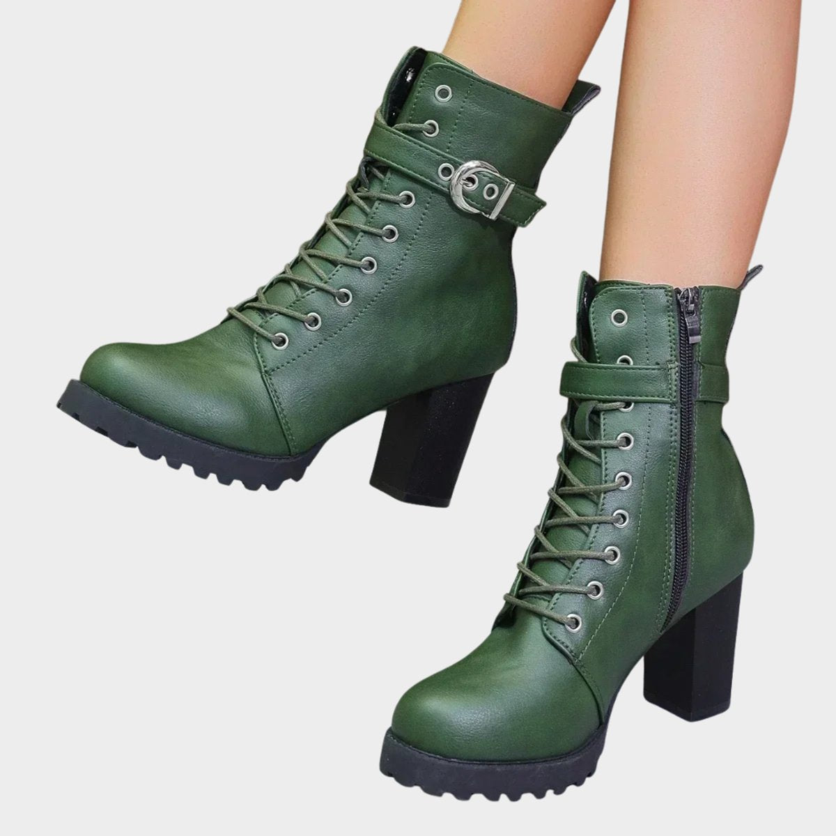 Damen Schnür-Ankle-Boots mit Blockabsatz, Schnalle und Reißverschluss