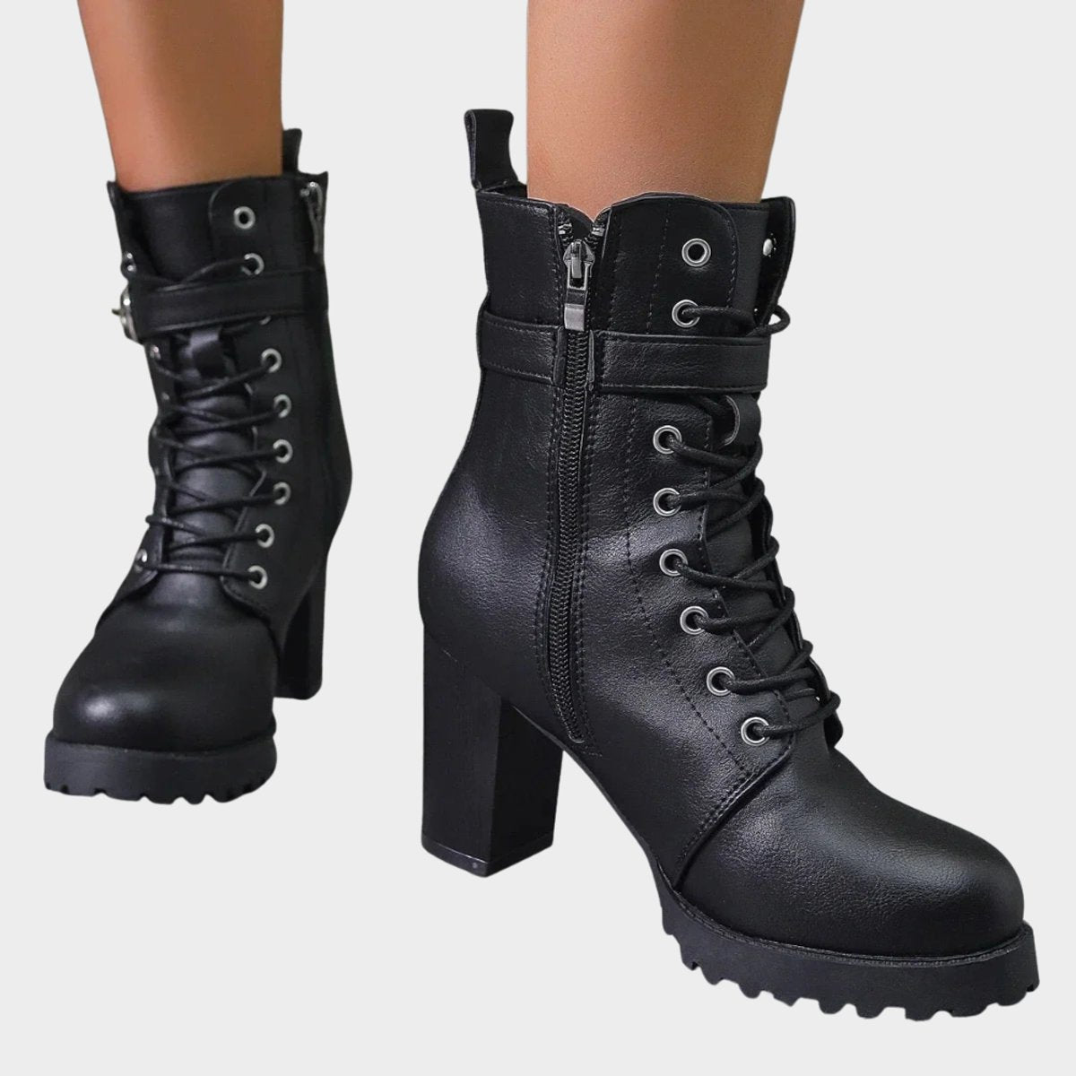Damen Schnür-Ankle-Boots mit Blockabsatz, Schnalle und Reißverschluss