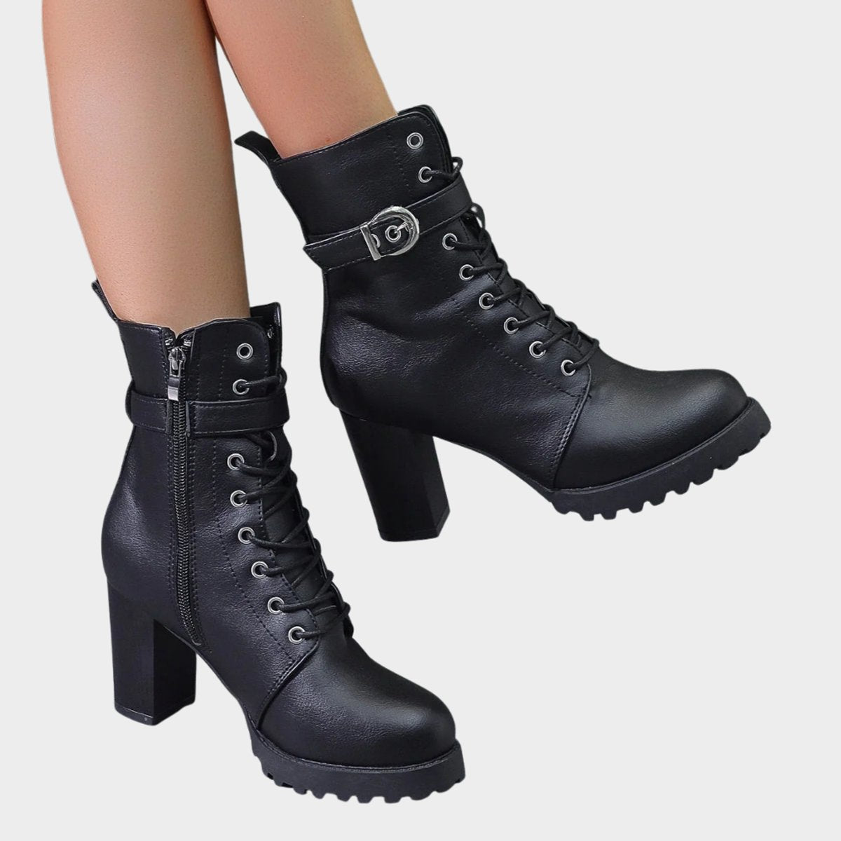 Damen Schnür-Ankle-Boots mit Blockabsatz, Schnalle und Reißverschluss