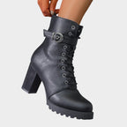 Damen Schnür-Ankle-Boots mit Blockabsatz, Schnalle und Reißverschluss