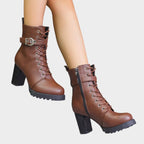 Damen Schnür-Ankle-Boots mit Blockabsatz, Schnalle und Reißverschluss