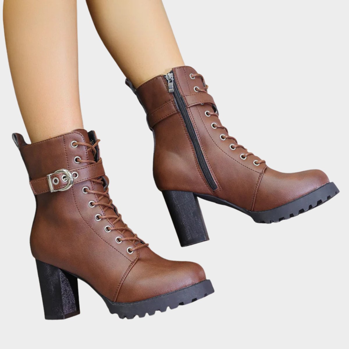 Damen Schnür-Ankle-Boots mit Blockabsatz, Schnalle und Reißverschluss