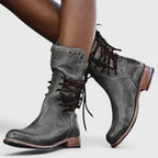 Damen Schnürstiefel in Vintage-Lederoptik mit Blockabsatz und Nietendetail