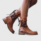 Damen Schnürstiefel in Vintage-Lederoptik mit Blockabsatz und Nietendetail