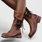 Damen Schnürstiefel in Vintage-Lederoptik mit Blockabsatz und Nietendetail