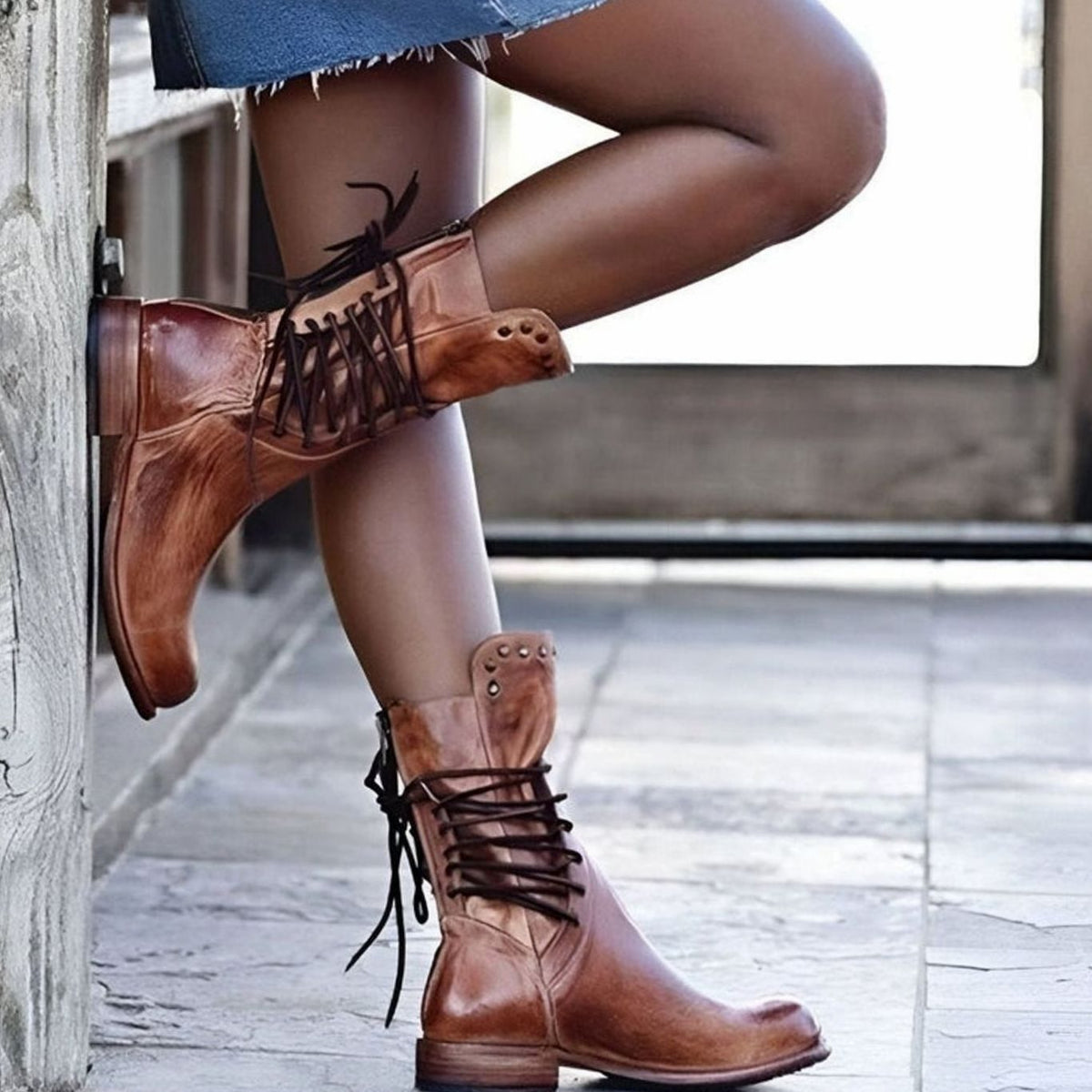 Damen Schnürstiefeletten in Lederoptik – Vintage Western Boots mit Nieten, Herbst Winter