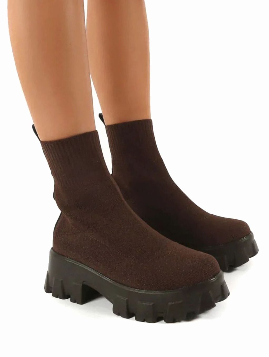 Damen Sock Boots mit Plateausohle – Stretch-Strick Stiefeletten mit klobigem Absatz, Herbst Winter