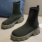Damen Sock Boots mit Plateausohle – Stretch-Strick Stiefeletten mit klobigem Absatz, Herbst Winter
