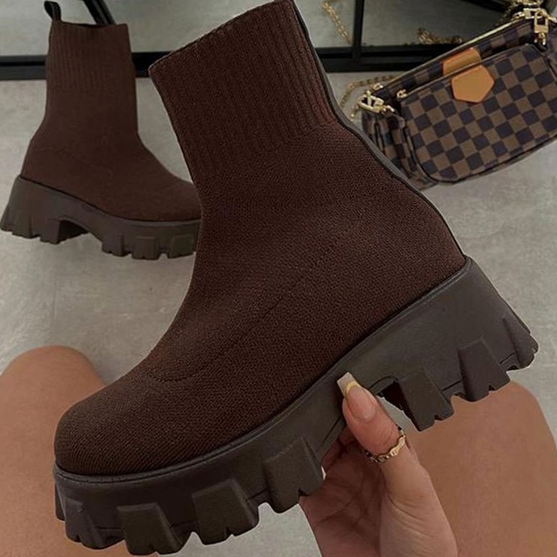 Damen Sock Boots mit Plateausohle – Stretch-Strick Stiefeletten mit klobigem Absatz, Herbst Winter
