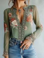 Damen Spitzenbluse mit Blumenprint und langen Ärmeln