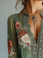 Damen Spitzenbluse mit Blumenprint und langen Ärmeln