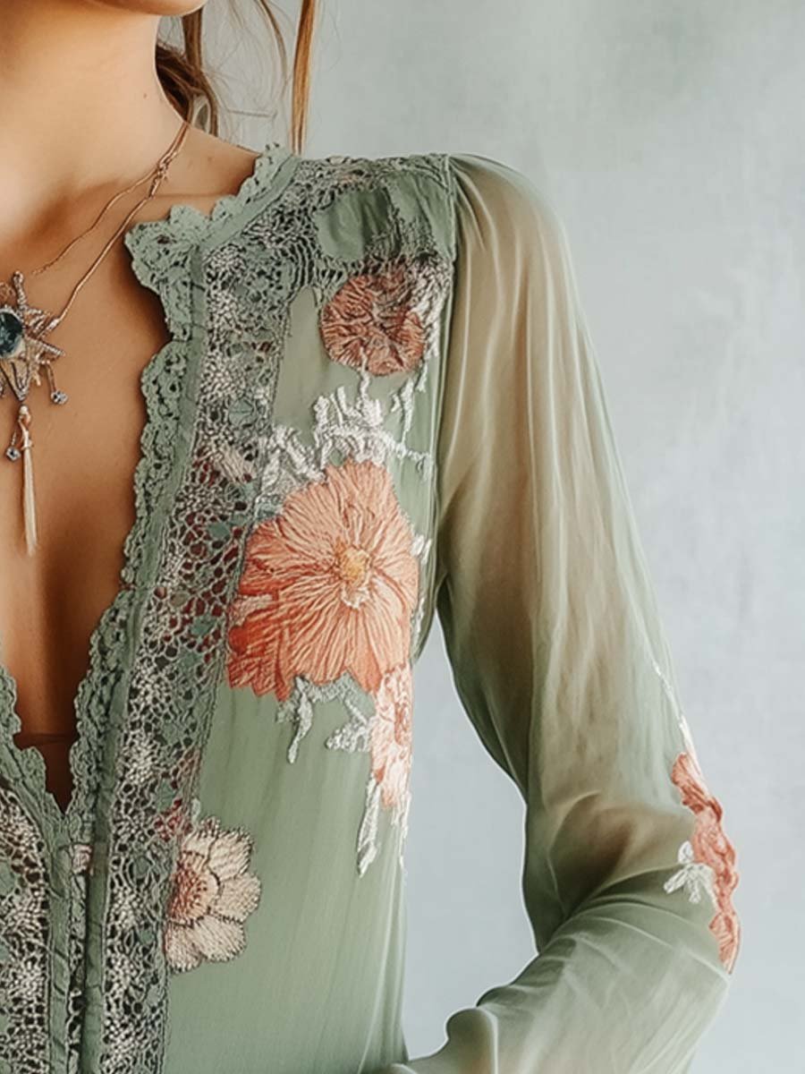 Damen Spitzenbluse mit Blumenprint und langen Ärmeln